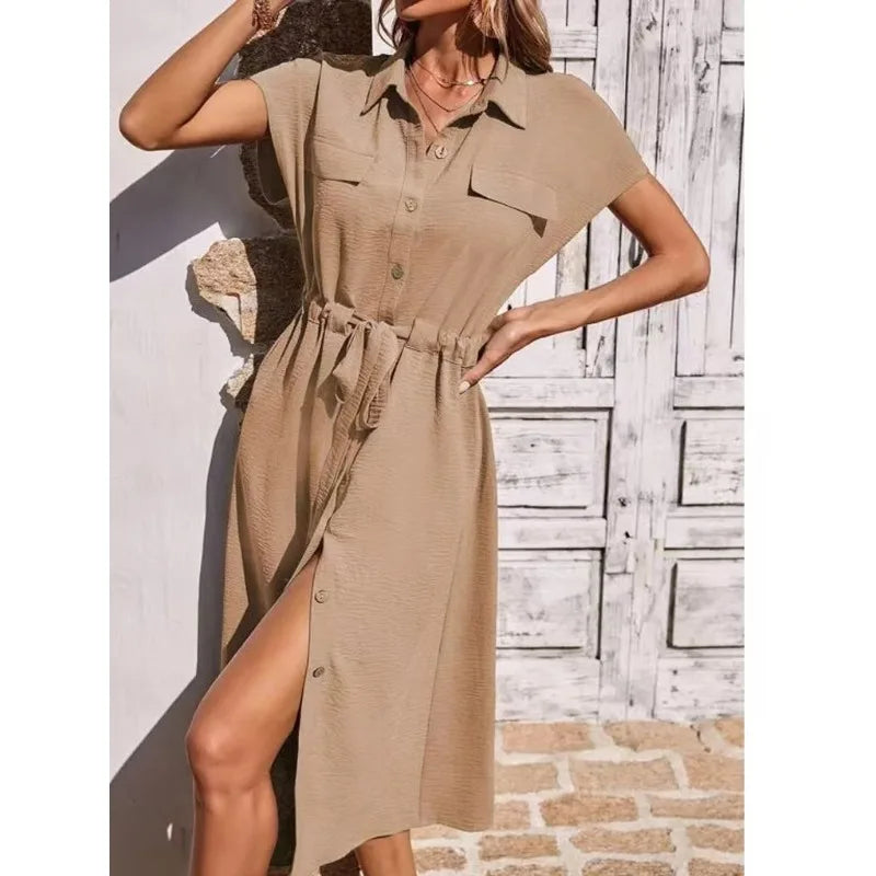 New Dresses 2025 Woman Fashion Summer Comfortable shirt collar Waist Skirt Ladies Clothing