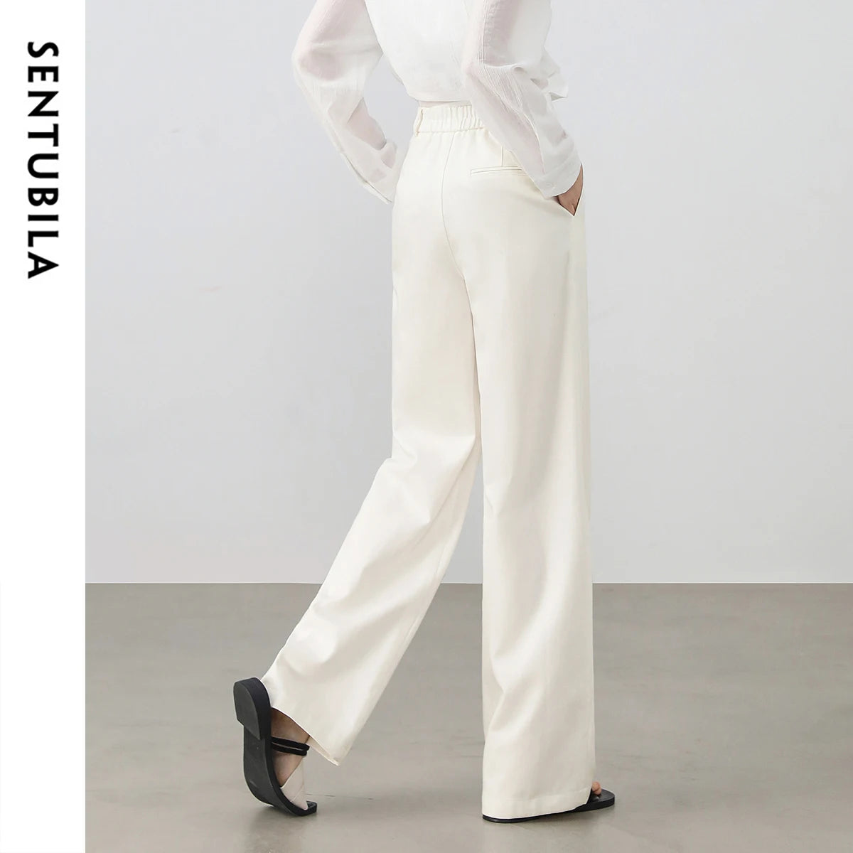 SENTUBILA Lyocell Straight Women's Pants 2025 Spring Summer Fashion Commute Solid High-waist Folds Pockets Trousers 152K58427