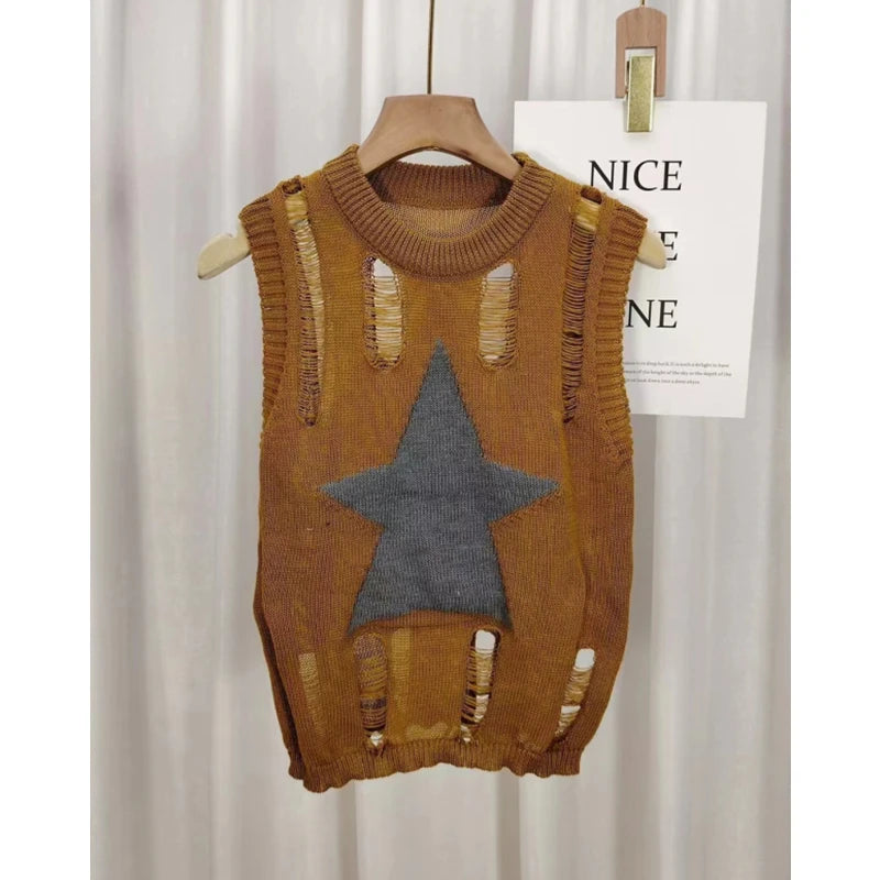 Sleeveless Fashion Sexy Women Ripped Design Shirt O-neck Hollow Out Y2k Tank Top New Casual Vest Slim Fit Knitted Hole Star Tops