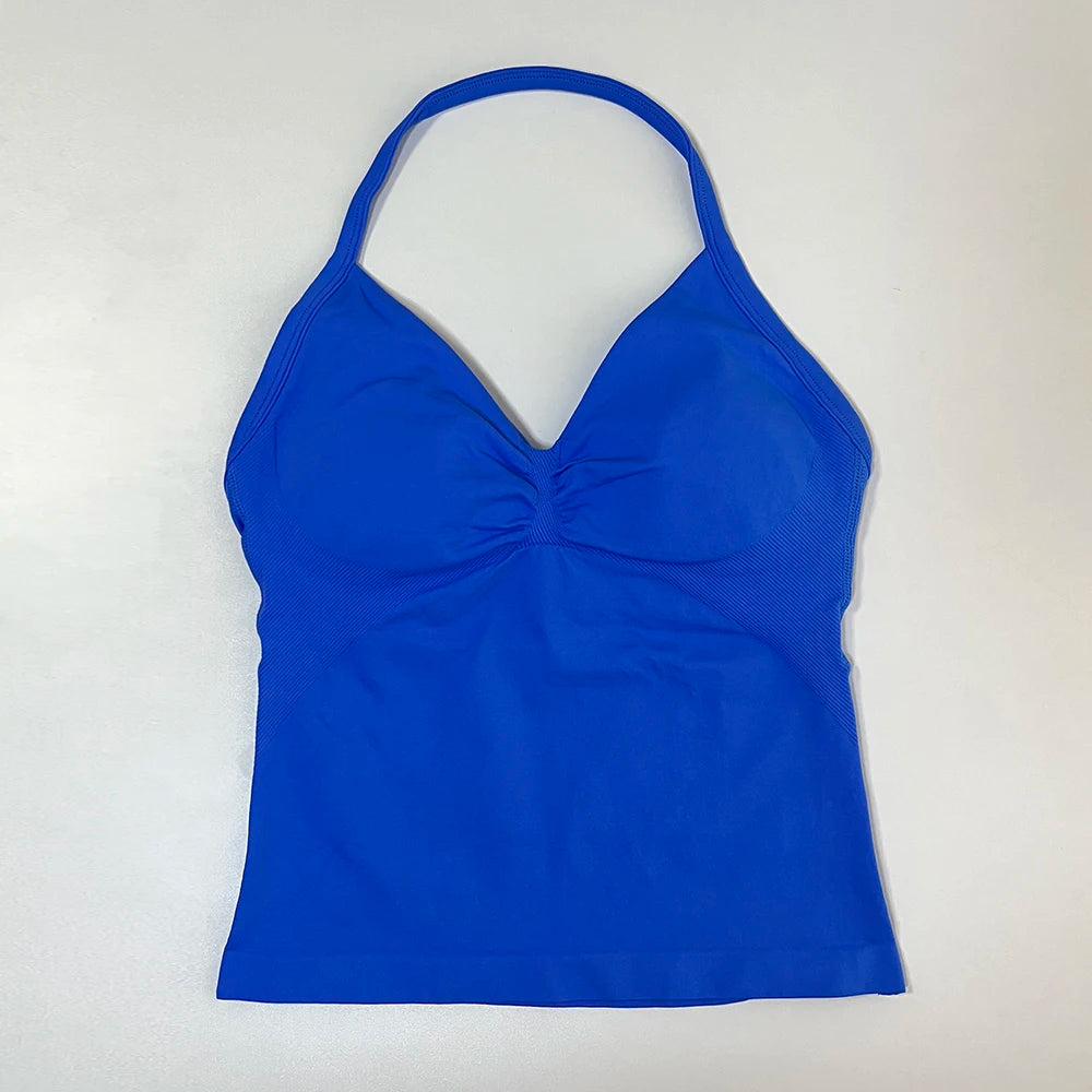 Longline Strappy Gym Top Women Sports Vest Backless Yoga Shirt Scrunch Built in Bra With Cups Halter Fitness Workout Tank Top
