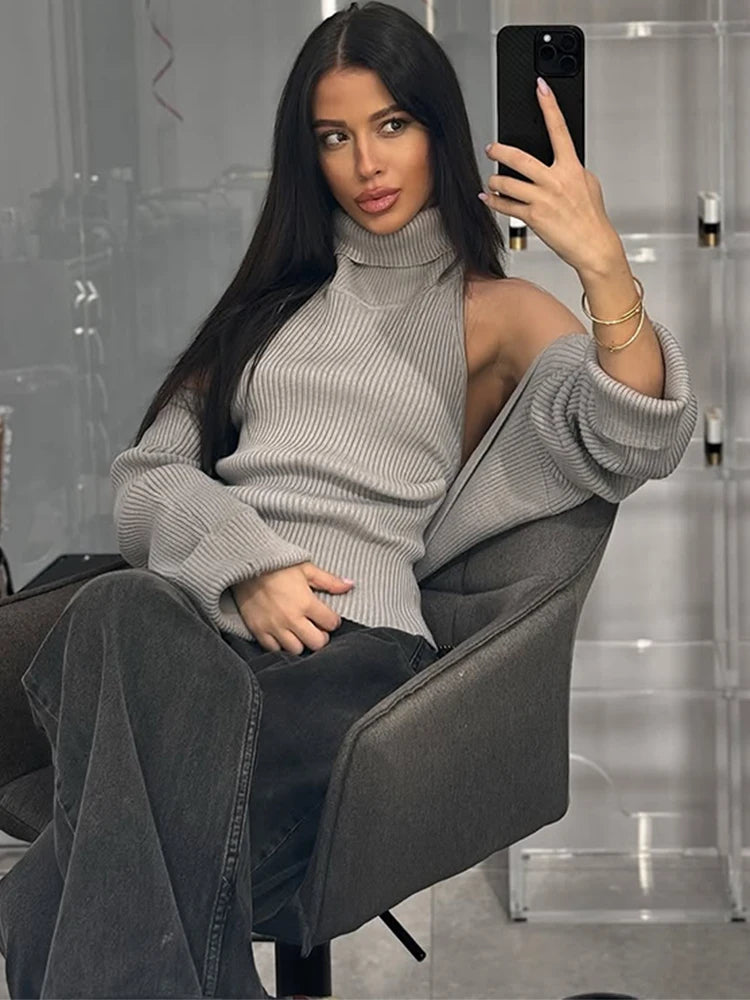 Trendix Knit Tank Top Sets For Women Fashion High Neck Vest And Long Sleeve Shawl 2 Piece Suits Sexy Backless Knitwear Top Femme