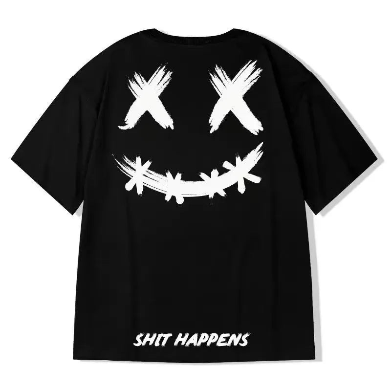 8XL Loose Fitting Fashionable Trendy American Smiling Expression Print T-shirt Comfortable Casual Men's Versatile Couple Outfit