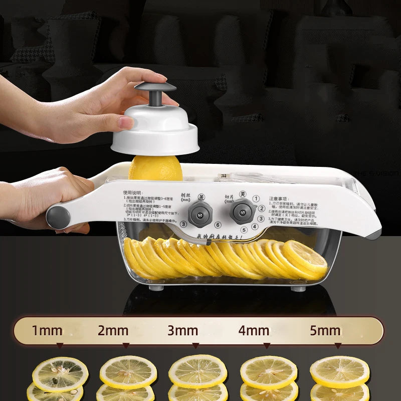 Lemon Slicer Adjustable Vegetable Food Cutter Slicing Machine Julienned with Basket Multifunctional Manual Potato Fruit Kitchen