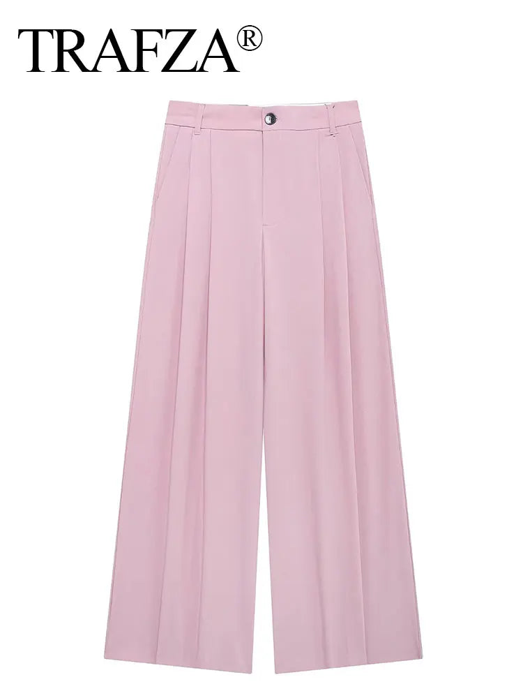 TRAFZA Women Casual Solid Straight Pants 2024 New Fashion Female Loose High Waist Zipper Fly Trousers Vintage Office Lady Pants