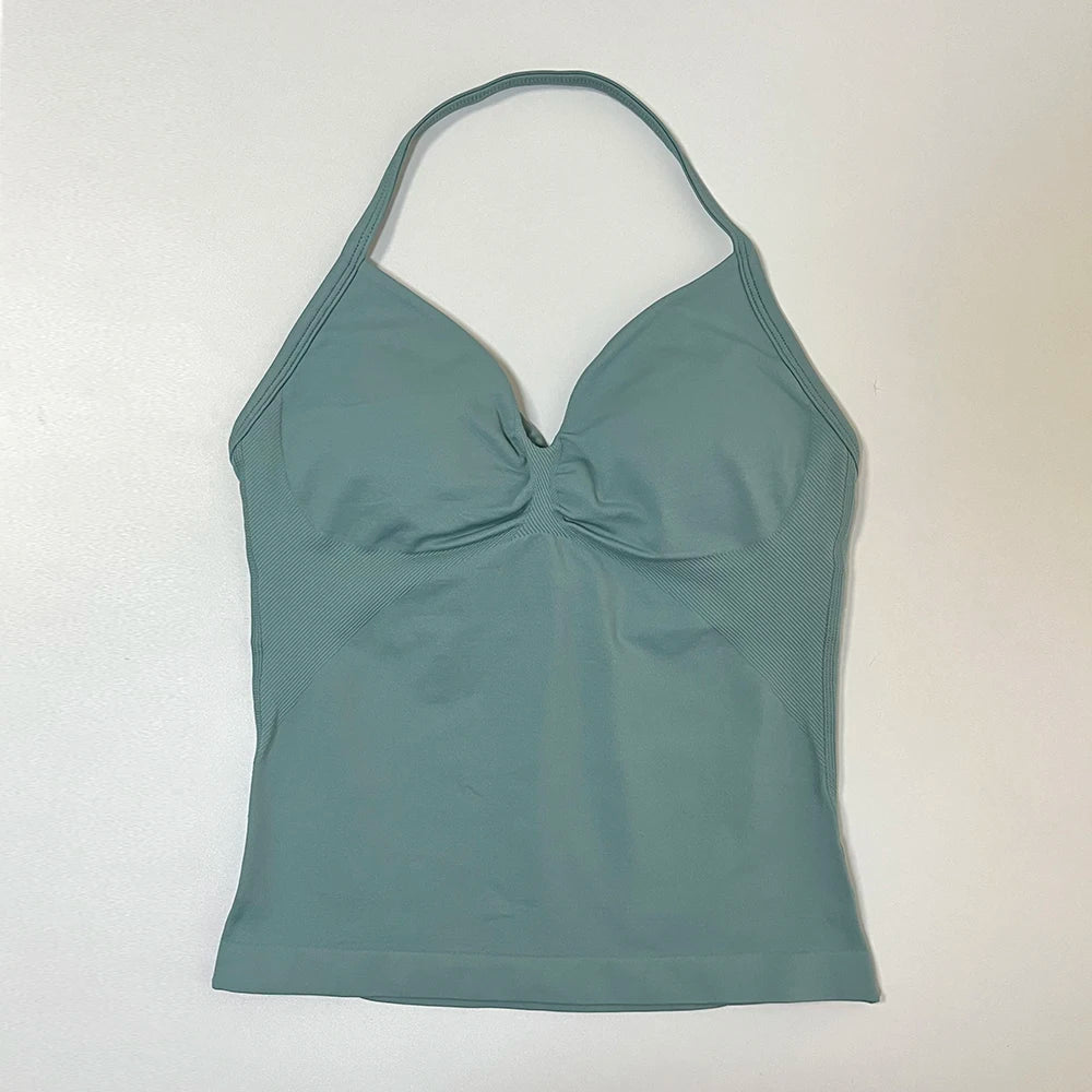 Longline Strappy Gym Top Women Sports Vest Backless Yoga Shirt Scrunch Built in Bra With Cups Halter Fitness Workout Tank Top
