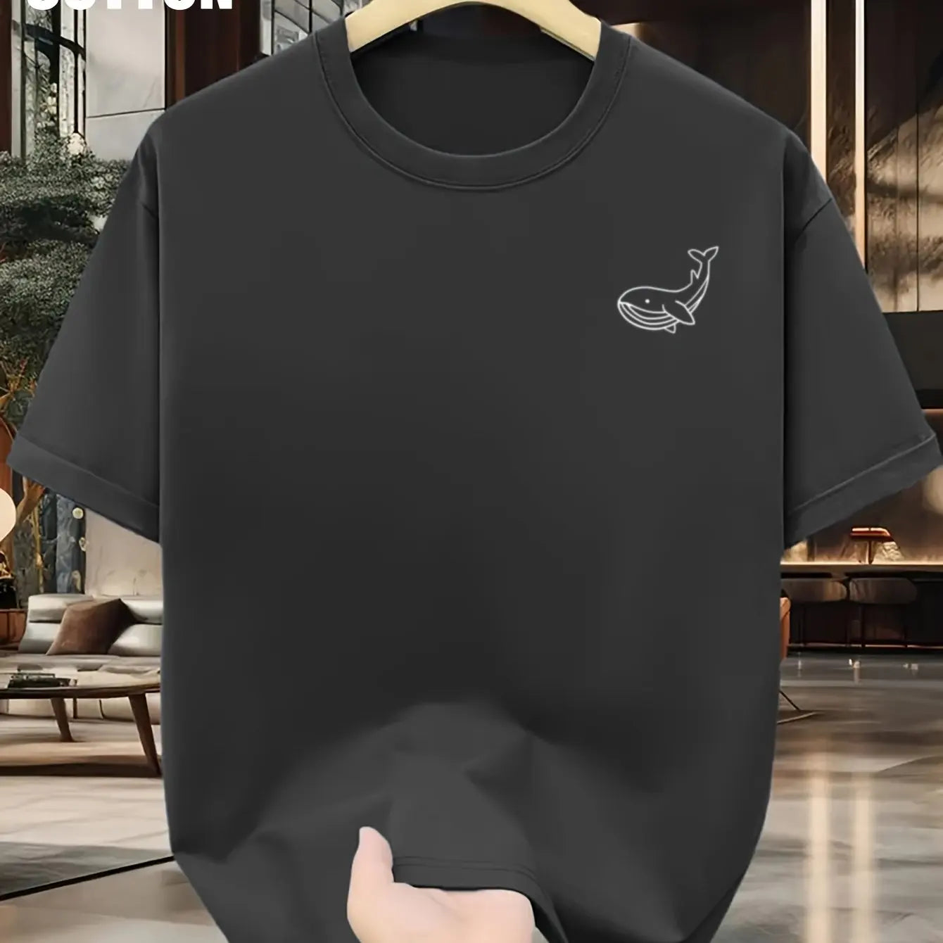 Men's Summer 100 Cotton Fashionable Casual Sports Loose Large Whale Pattern Printed Round Neck Short Sleeve T-shirt Top