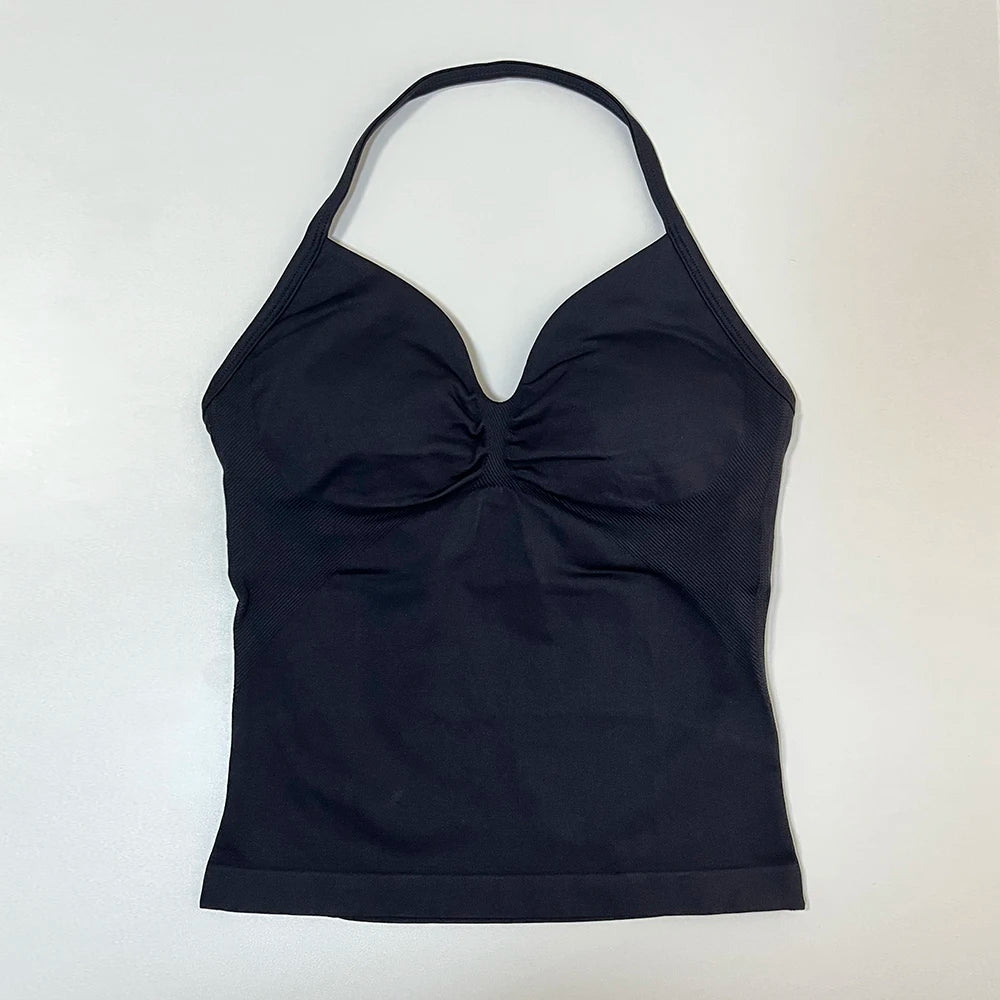 Longline Strappy Gym Top Women Sports Vest Backless Yoga Shirt Scrunch Built in Bra With Cups Halter Fitness Workout Tank Top