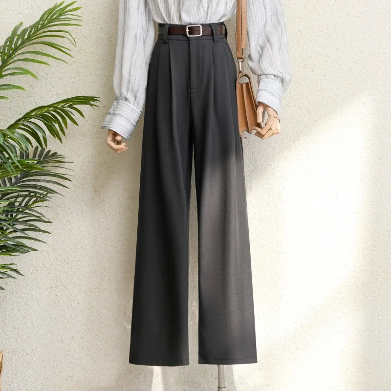 Spring 2025 New Burgundy Suits Pants for Women Office Lady Elegant High Waist Wide Leg Fashion Trousers with Pockets Black Gray