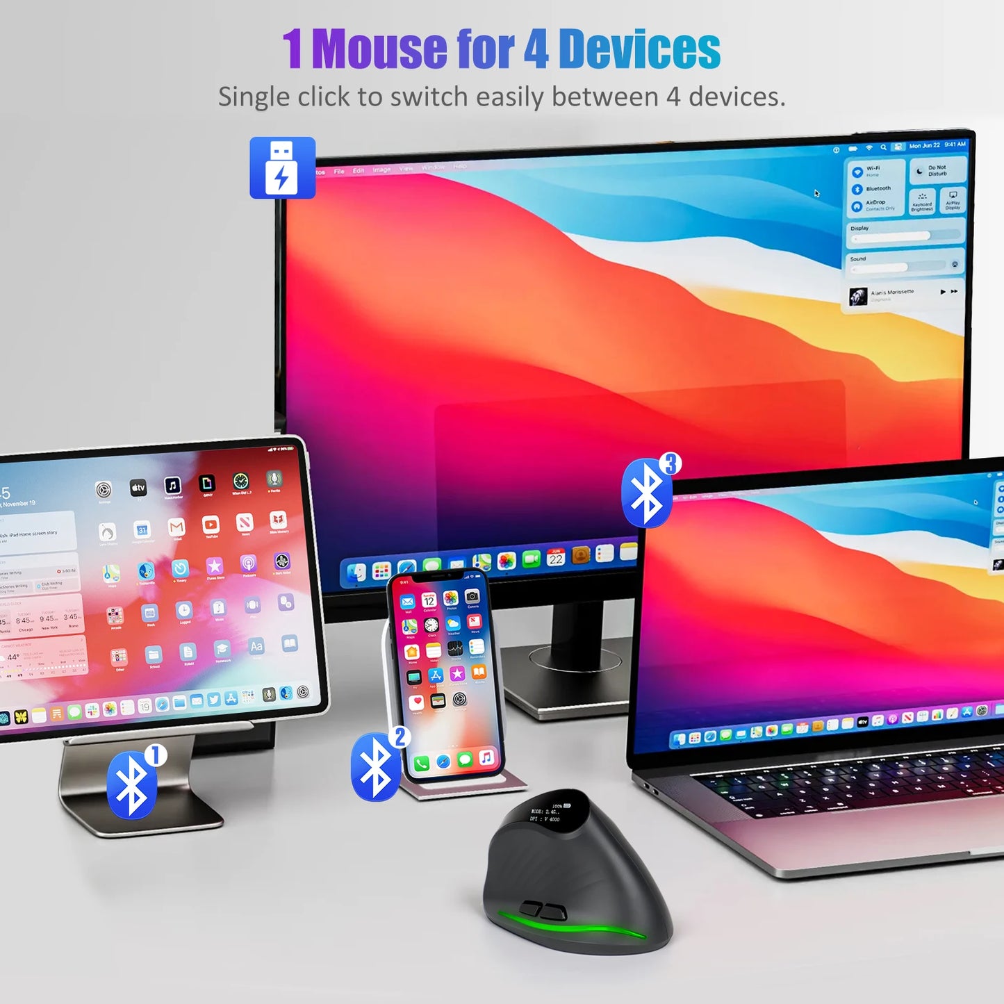 Lefon F35C Wireless Vertical Mouse Ergonomic Bluetooth Mouse 4000DPI 7 Buttons with OLED Programmable Gaming Mice for PC Laptop