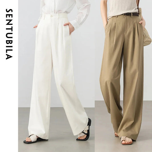 SENTUBILA Lyocell Straight Women's Pants 2025 Spring Summer Fashion Commute Solid High-waist Folds Pockets Trousers 152K58427