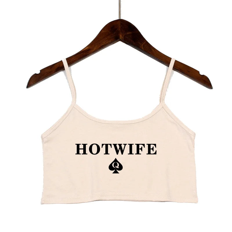Fashion Women's Sexy Elastic Cotton Camis HOT WIFE Letters Print Female Sexy Crop Top Sleeveless Short Girls Tank Top Bar Women