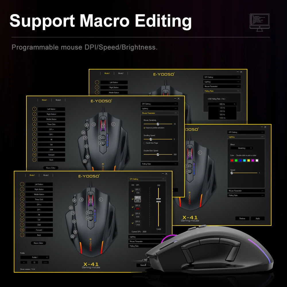 E-YOOSO X-41 USB Wired RGB Gaming Mouse 12400 DPI PAW3327 10 buttons programmable game Optical mice for Computer PC Laptop