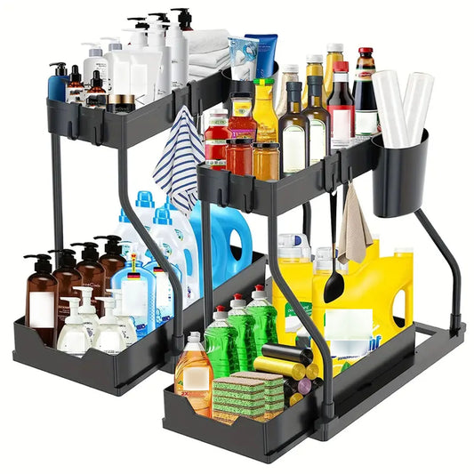 1 Piece of Double-Layer Pull-Out Storage Rack for Kitchen Desk and Bathroom under Sink Storage Rack, Multi-Functional R-Shaped Push-Pull Cabinet Storage Rack, Multi-Functional Desktop Bathroom Storage Drawer Organization and