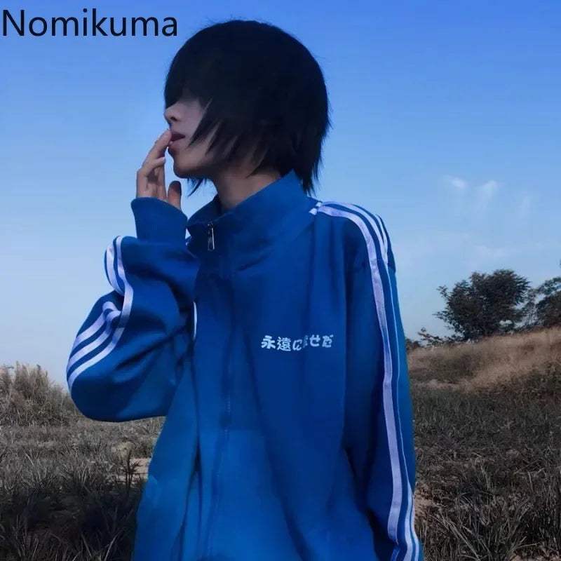 Preppy Syle Blue Long Sleeve Zip Up Sweatshirts Coat Stand Neck Casual Y2k Tops Fashion Japanese Hoodies 2025 Women Clothing