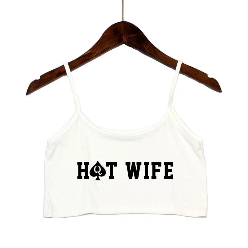 Fashion Women's Sexy Elastic Cotton Camis HOT WIFE Letters Print Female Sexy Crop Top Sleeveless Short Girls Tank Top Bar Women