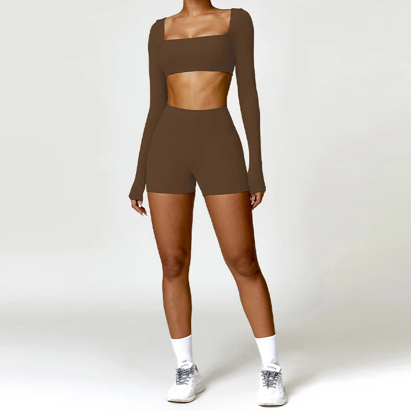 Ctenkevet Long sleeve Shirt Sports Set Women Fitness Yoga Suit Crop Top High Waist Gym Set Women Quick-Dry 2Pcs Yoga Clothes