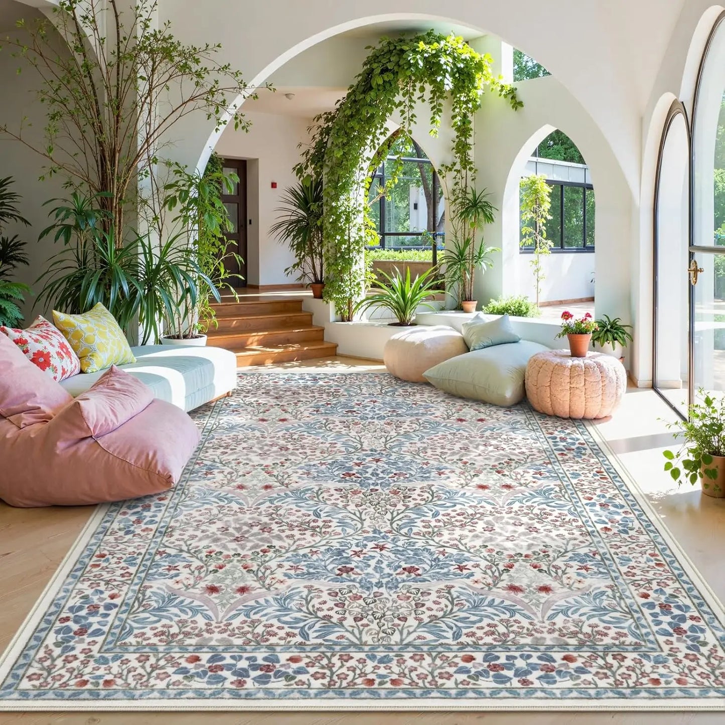 Pink Living Room Carpet Large Machine Washable Carpets Bedroom Bedside Floor Mat Home Decoration Bohemian Flower Non-Slip Rug 카펫