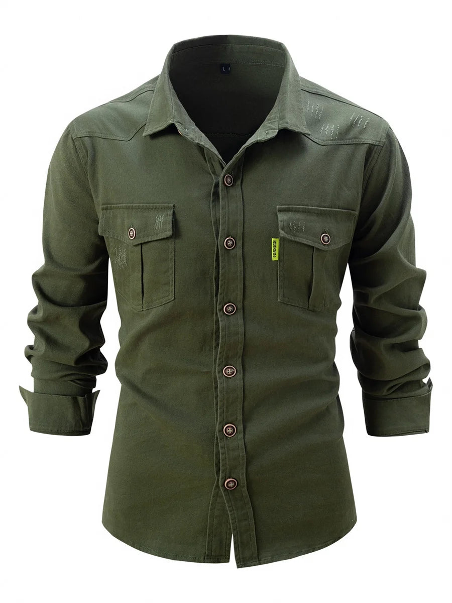 Men's autumn and winter new elastic washed cotton and linen long-sleeved shirt European size casual business lapel fashion tops