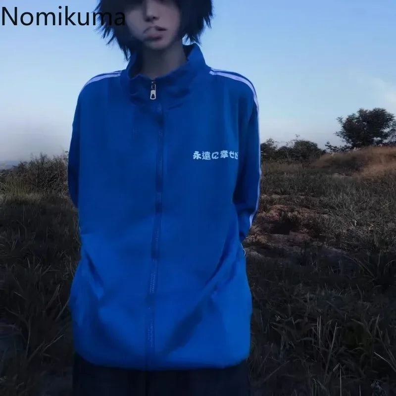 Preppy Syle Blue Long Sleeve Zip Up Sweatshirts Coat Stand Neck Casual Y2k Tops Fashion Japanese Hoodies 2025 Women Clothing