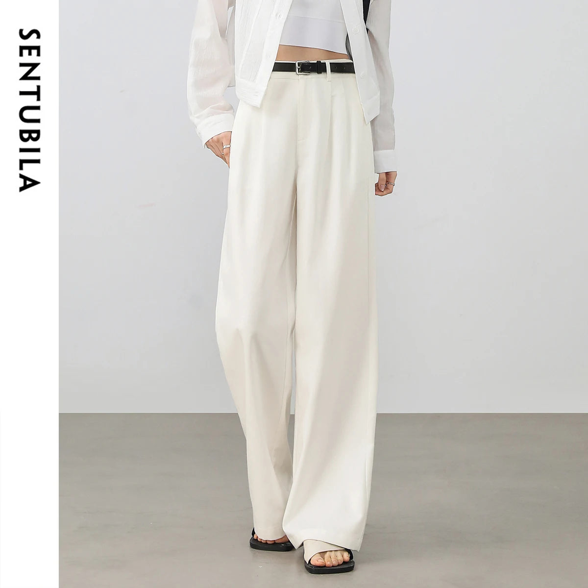 SENTUBILA Lyocell Straight Women's Pants 2025 Spring Summer Fashion Commute Solid High-waist Folds Pockets Trousers 152K58427