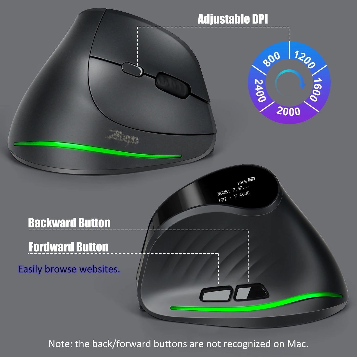 Lefon F35C Wireless Vertical Mouse Ergonomic Bluetooth Mouse 4000DPI 7 Buttons with OLED Programmable Gaming Mice for PC Laptop