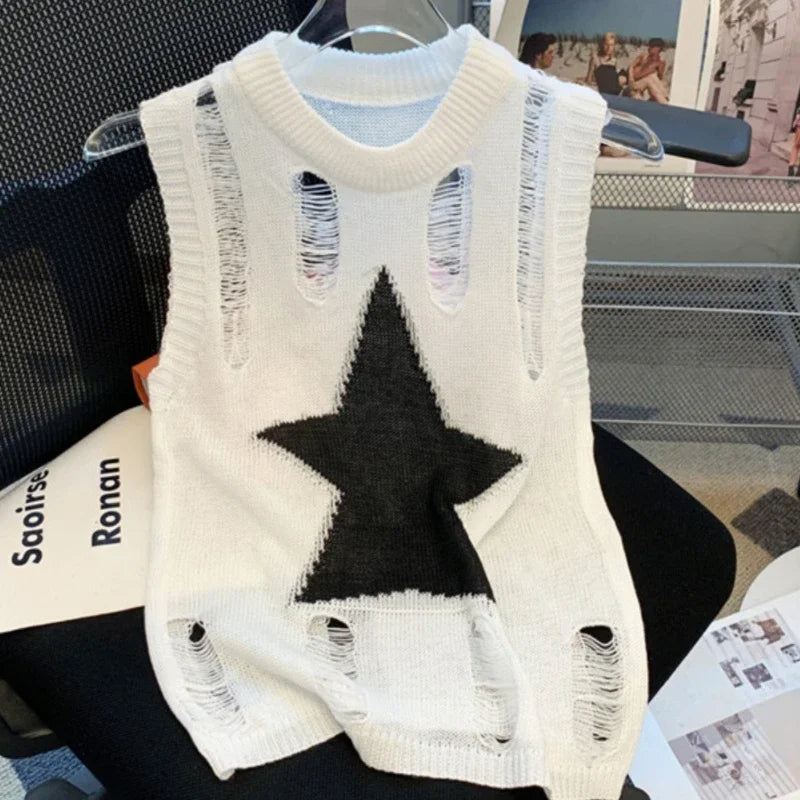 Sleeveless Fashion Sexy Women Ripped Design Shirt O-neck Hollow Out Y2k Tank Top New Casual Vest Slim Fit Knitted Hole Star Tops