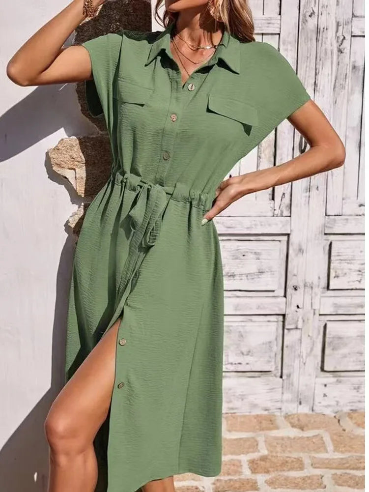 New Dresses 2025 Woman Fashion Summer Comfortable shirt collar Waist Skirt Ladies Clothing