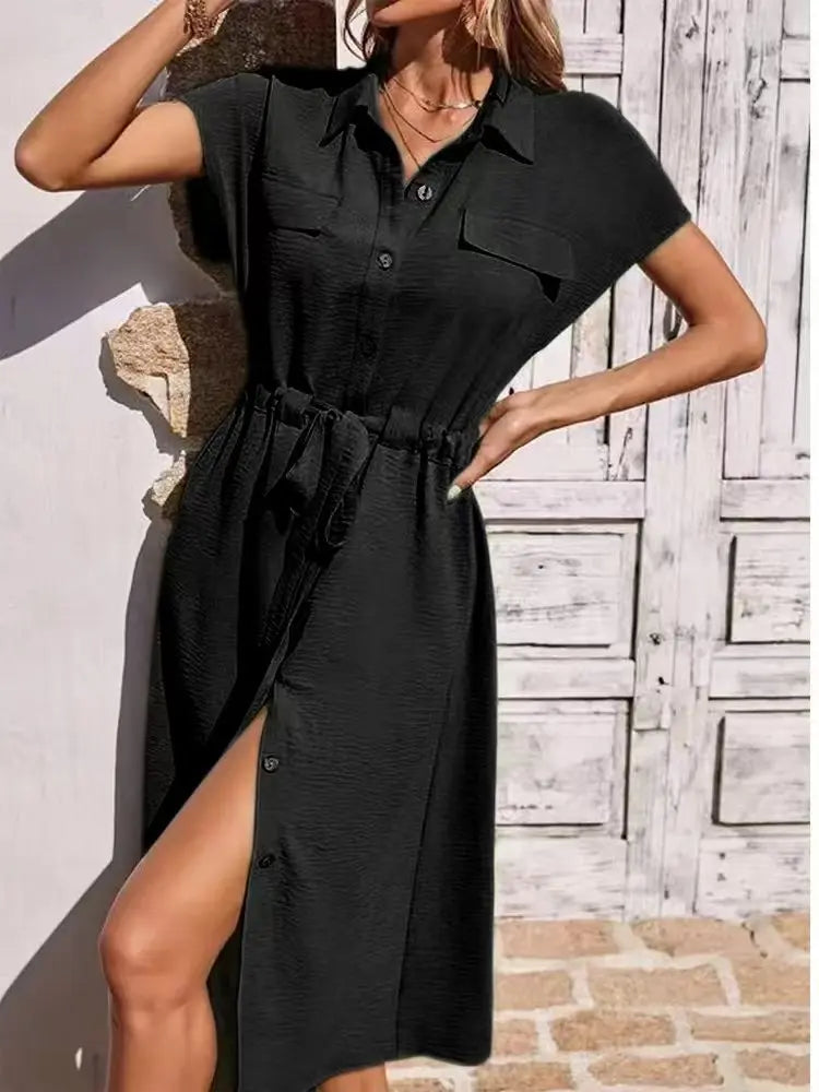 New Dresses 2025 Woman Fashion Summer Comfortable shirt collar Waist Skirt Ladies Clothing