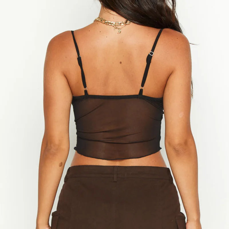 Women Mesh Camis Corset New Sleeveless Summer Sexy Bandage V-Neck Black Crop Top Streetwear Fashion Backless Basic Cropped Tops