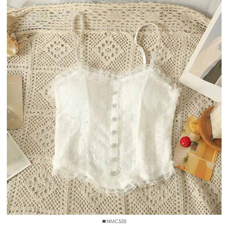 Women Sexy Lace Tank Top Sweet Off Shoulder Button Tube Top With Bra Pad Elastic Pleated Backless Camisole Y2K Fashion New