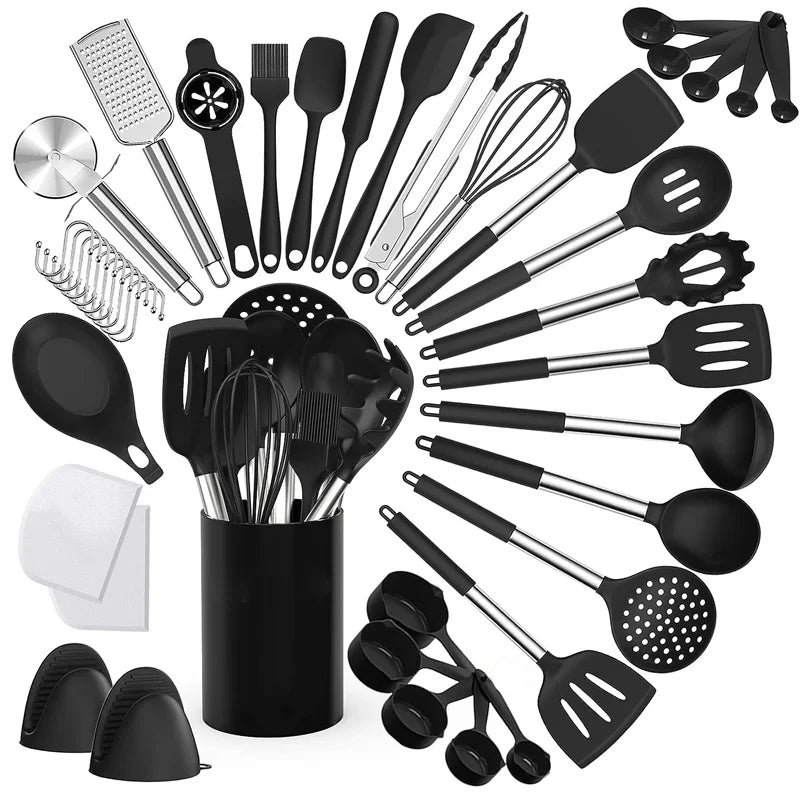 Silicone Kitchen Cooking Utensil Set, 43 pcs Spatula Set with Stainless Steel Handle, Non-stick Heat Resistant - Best Cookware S