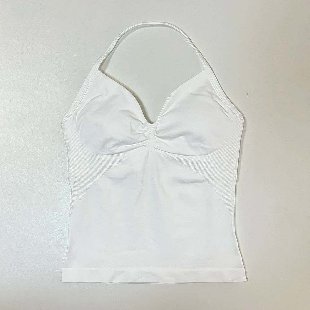 Longline Strappy Gym Top Women Sports Vest Backless Yoga Shirt Scrunch Built in Bra With Cups Halter Fitness Workout Tank Top