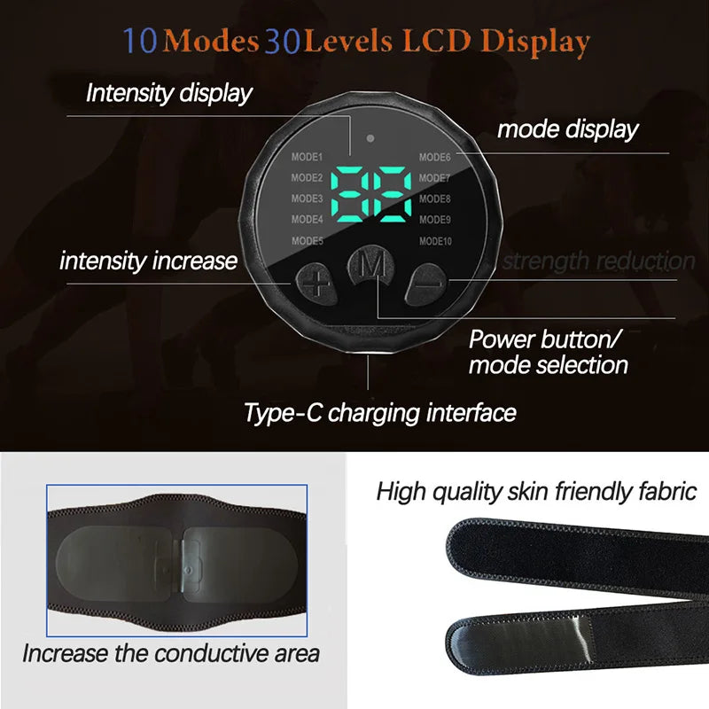 Smart Muscle Toner EMS Muscle Stimulator Electric Abdominal Toning Belt USB Recharge Body Slimming Massager Weight Loss Fitness
