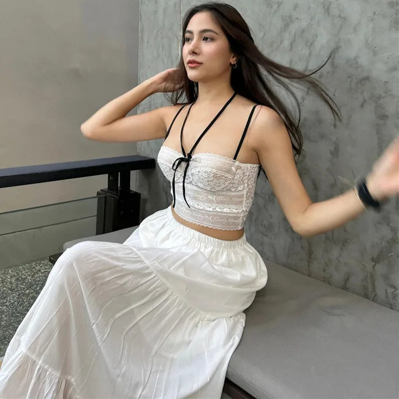 Candyhot Lace Spaghetti Strap Classic Bandage Crop Tops Y2K Summer Fashion Sweet Cute Daily Streetwear Outdoor All-Match Camis