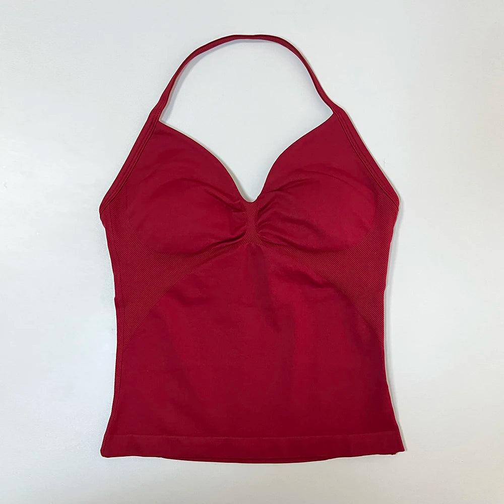 Longline Strappy Gym Top Women Sports Vest Backless Yoga Shirt Scrunch Built in Bra With Cups Halter Fitness Workout Tank Top