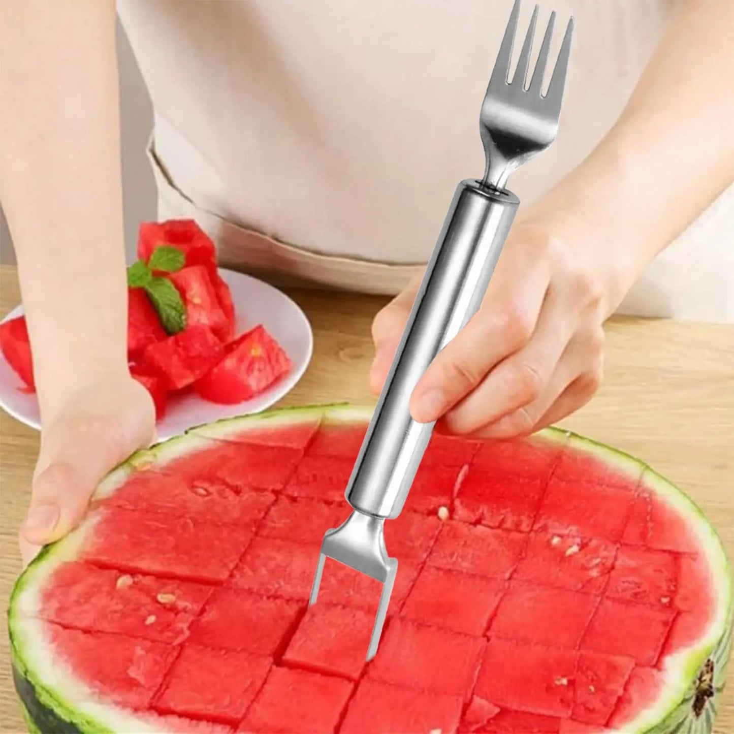 2025 Newest Watermelon Slicer Tool Stainless Steel Fruit Cutter Dual Head Watermelon Fork Melon Cutter Kitchen Gadgets