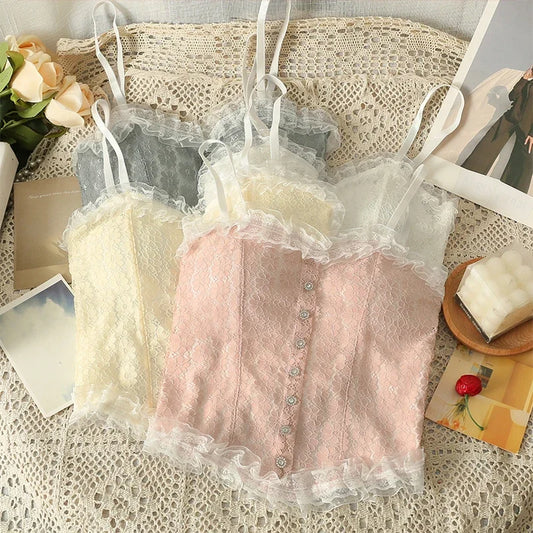 Women Sexy Lace Tank Top Sweet Off Shoulder Button Tube Top With Bra Pad Elastic Pleated Backless Camisole Y2K Fashion New