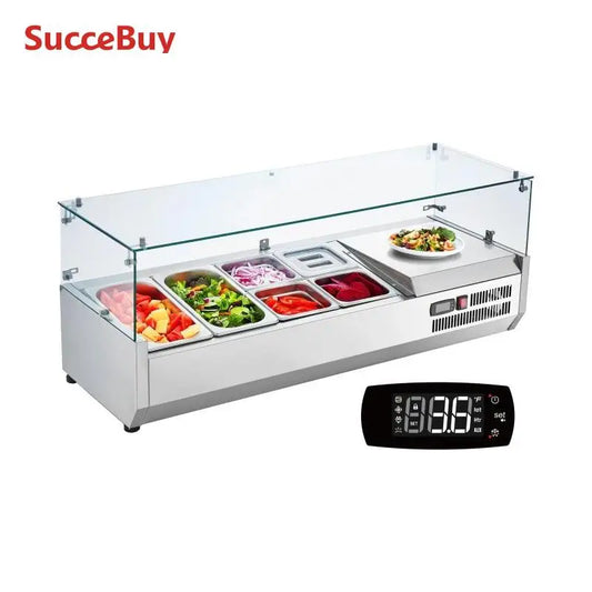 SucceBuy Countertop Refrigerated Condiment Prep Station 304 Stainless Body and PC Lid, Sandwich Prep Table with Glass Guard