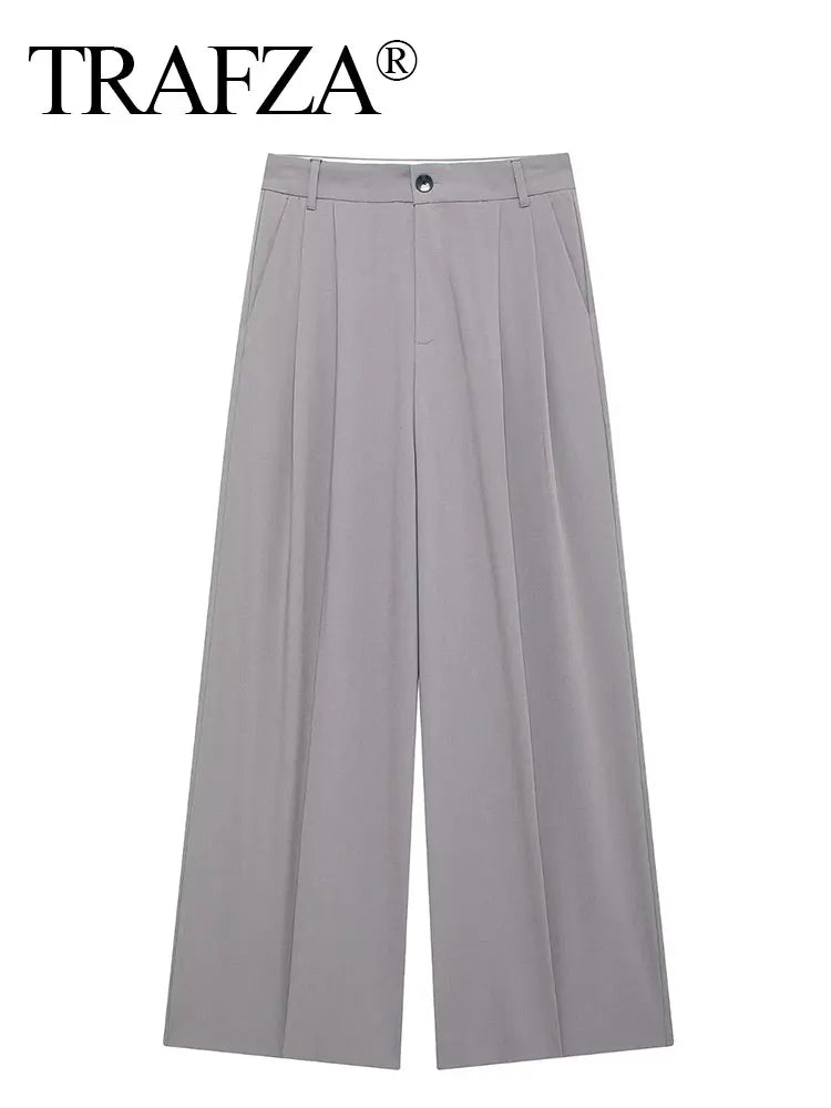 TRAFZA Women Casual Solid Straight Pants 2024 New Fashion Female Loose High Waist Zipper Fly Trousers Vintage Office Lady Pants