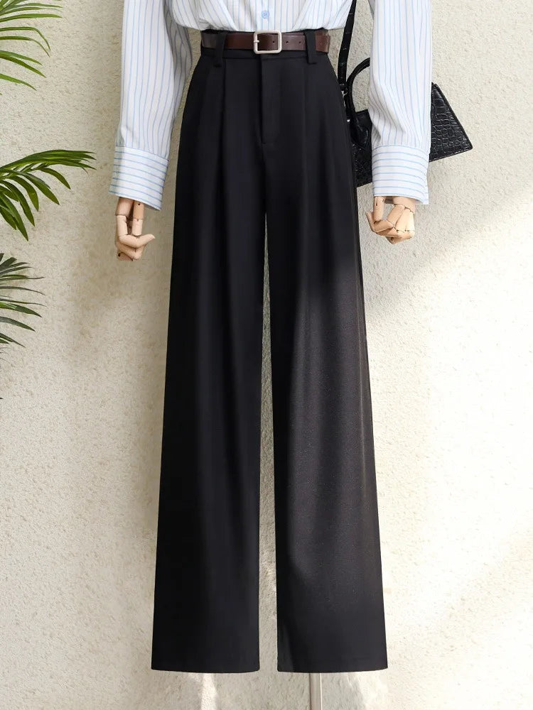 Spring 2025 New Burgundy Suits Pants for Women Office Lady Elegant High Waist Wide Leg Fashion Trousers with Pockets Black Gray