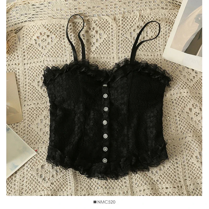 Women Sexy Lace Tank Top Sweet Off Shoulder Button Tube Top With Bra Pad Elastic Pleated Backless Camisole Y2K Fashion New