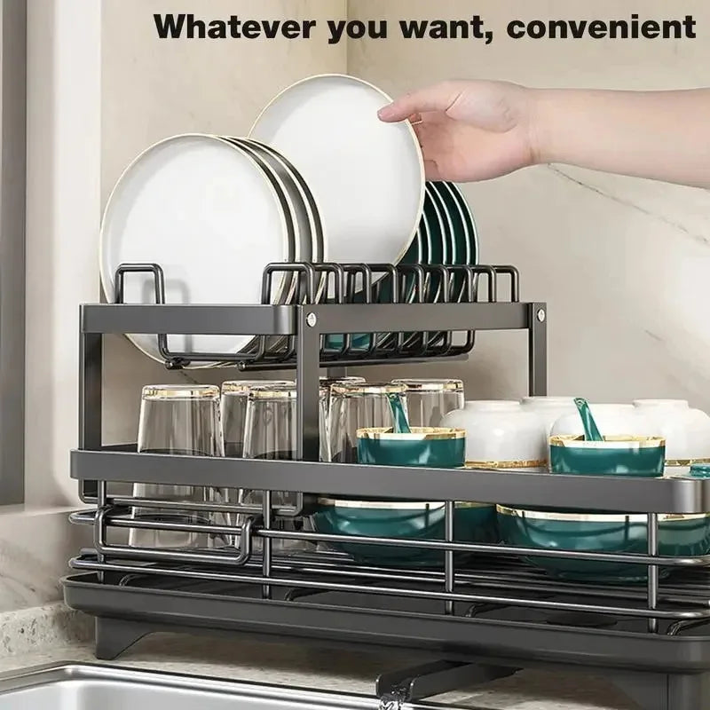 Tableware filter Dish Drying Rack Adjustable Kitchen Plates Organizer with Drainboard Over Sink Countertop Cutlery Storage Holde