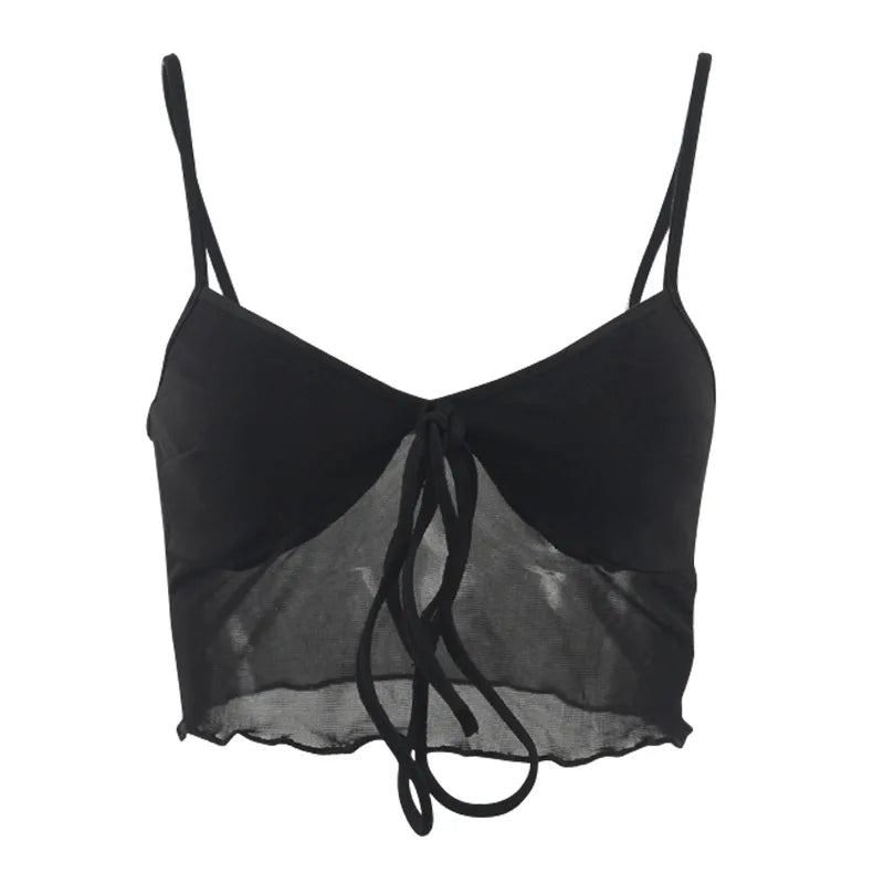Women Mesh Camis Corset New Sleeveless Summer Sexy Bandage V-Neck Black Crop Top Streetwear Fashion Backless Basic Cropped Tops
