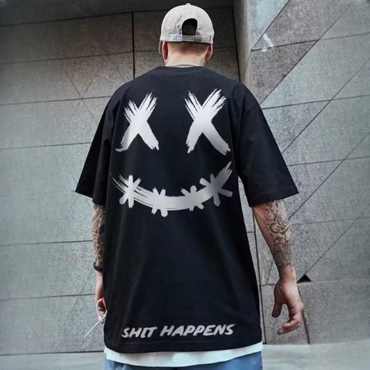 8XL Loose Fitting Fashionable Trendy American Smiling Expression Print T-shirt Comfortable Casual Men's Versatile Couple Outfit