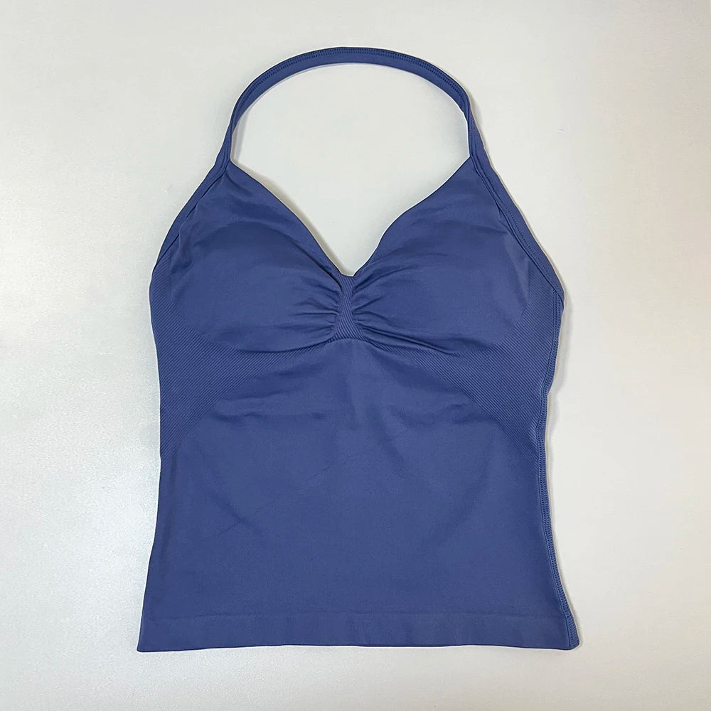 Longline Strappy Gym Top Women Sports Vest Backless Yoga Shirt Scrunch Built in Bra With Cups Halter Fitness Workout Tank Top
