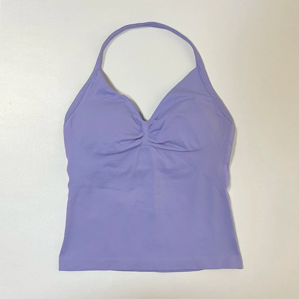 Longline Strappy Gym Top Women Sports Vest Backless Yoga Shirt Scrunch Built in Bra With Cups Halter Fitness Workout Tank Top