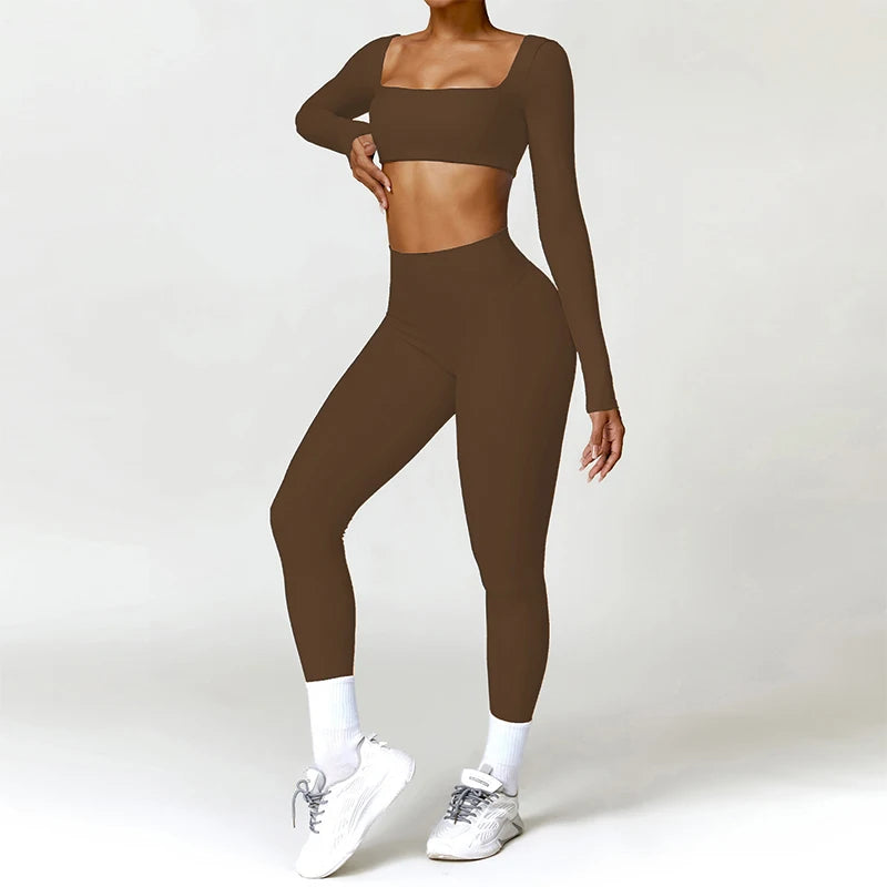Ctenkevet Long sleeve Shirt Sports Set Women Fitness Yoga Suit Crop Top High Waist Gym Set Women Quick-Dry 2Pcs Yoga Clothes